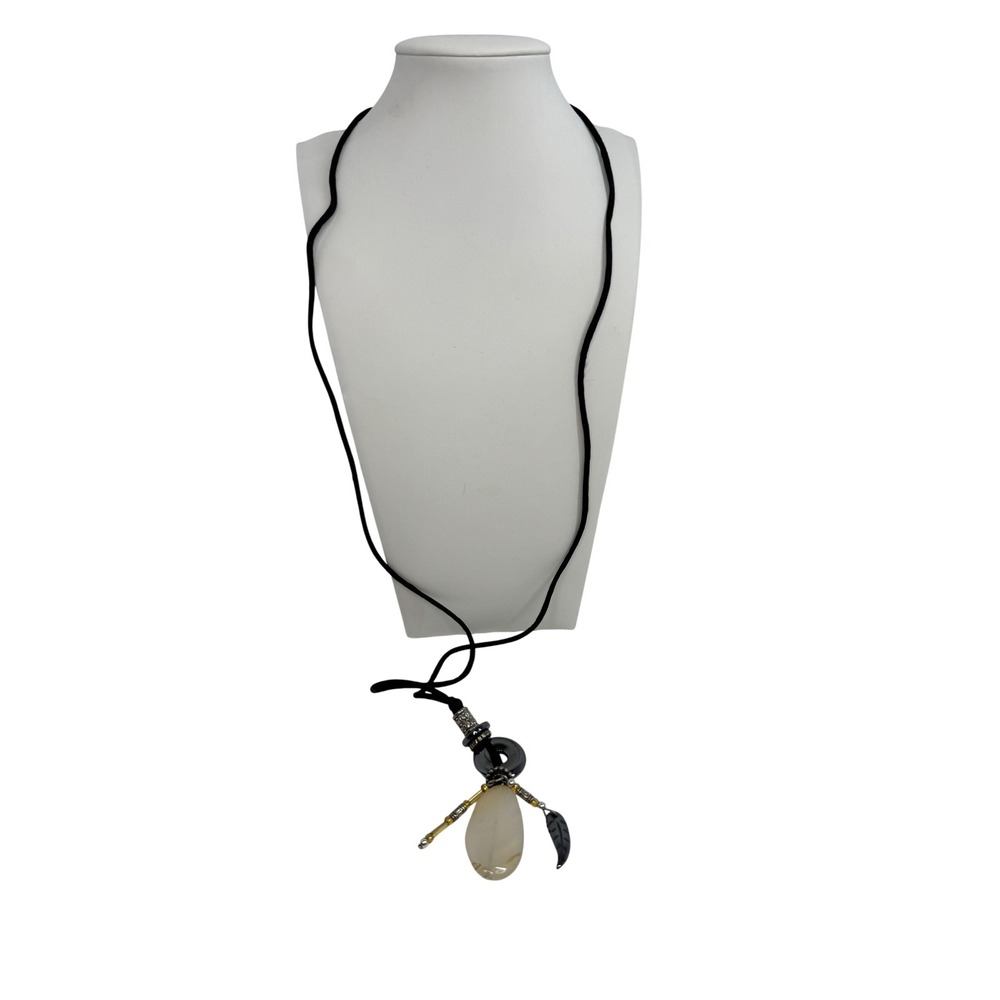Boho Beaded Pendant Necklace Black Cord Gemstone Leaf Charm Unique Y2K Retro